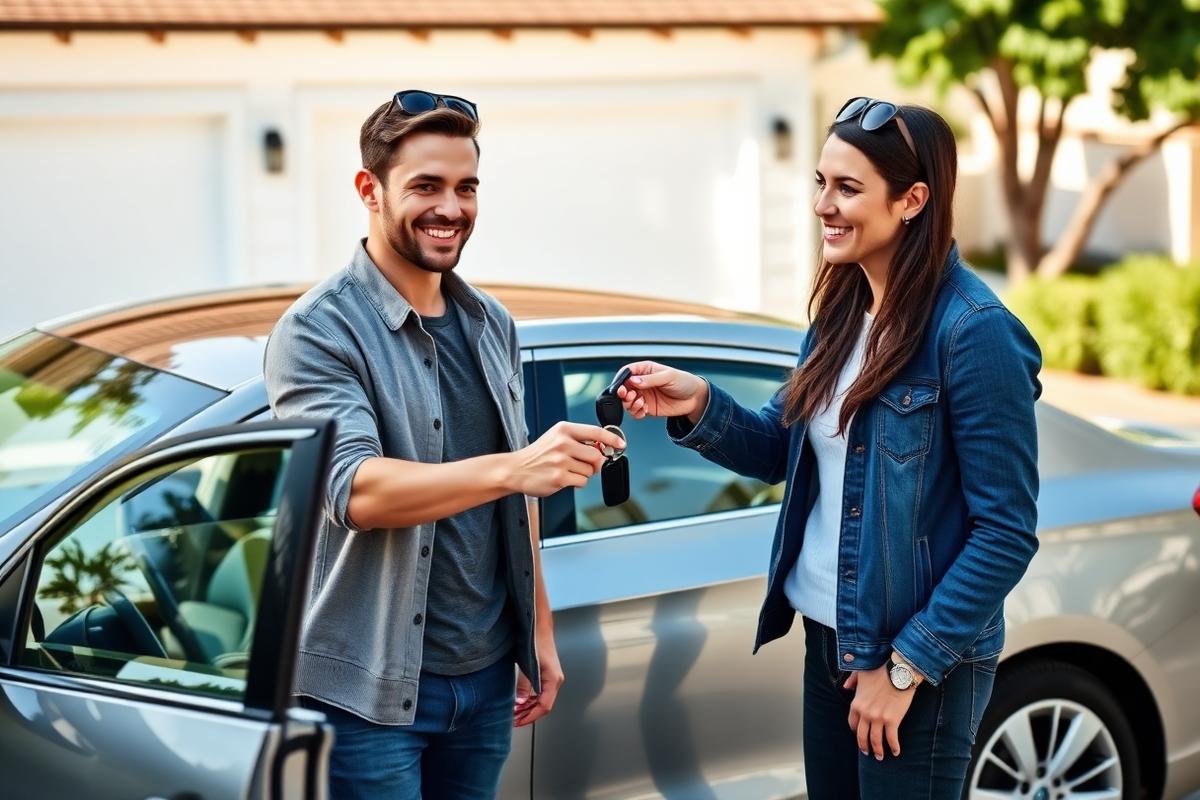 Couple receiving car keys beside their sedan in a driveway