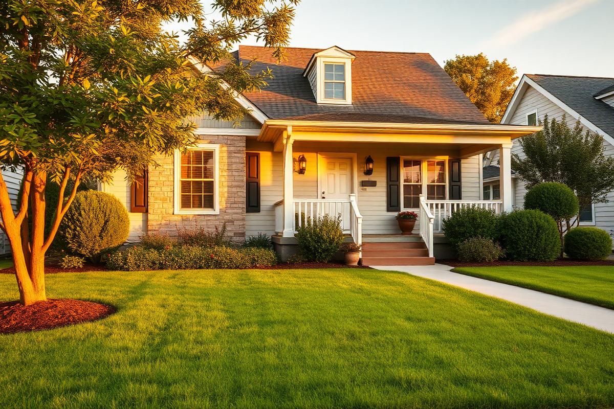 Suburban American family home with a front porch and green lawn
