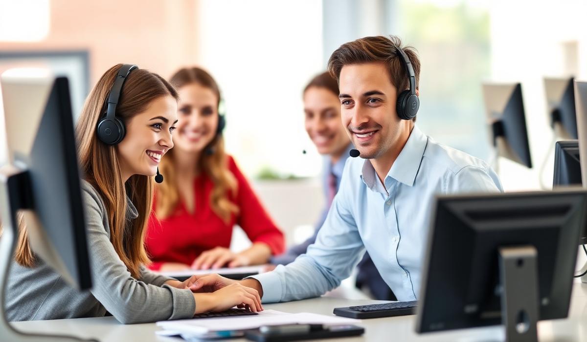Licensed insurance agents wearing headsets at their desks